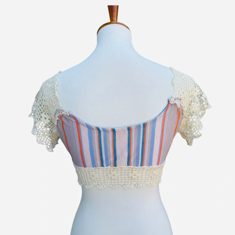 Free People Women’s S Aruba Crochet Striped Bohemian Hippie Festival Crop Top - Picture 4 of 12
